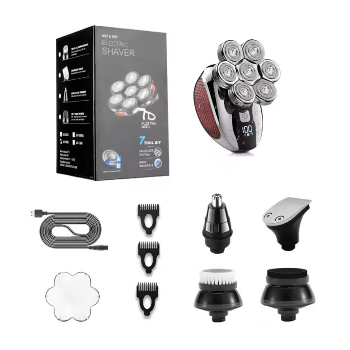 Afeitadora de cabeza para hombres calvos 7D, afeitadoras de cabeza calva para hombres húmedos y secos, afeitadora eléctrica 5 en 1, inalámbrica, recargable, impermeable, afeitadora eléctrica para hombres, afeitadora rotativa, kit de aseo - 1