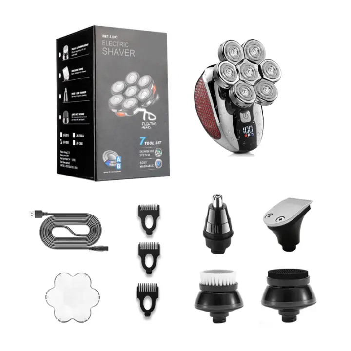 Afeitadora de cabeza para hombres calvos 7D, afeitadoras de cabeza calva para hombres húmedos y secos, afeitadora eléctrica 5 en 1, inalámbrica, recargable, impermeable, afeitadora eléctrica para hombres, afeitadora rotativa, kit de aseo - 1