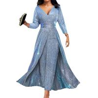 Vestido de manga larga con cuello en V y lentejuelas para mujer, mono con dobladillo grande - details 6