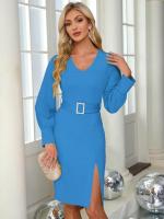 Falda Midi ajustada de manga larga para mujer, vestido femenino elástico de Color sólido, novedad en vestidos para ocasiones formales - details 4