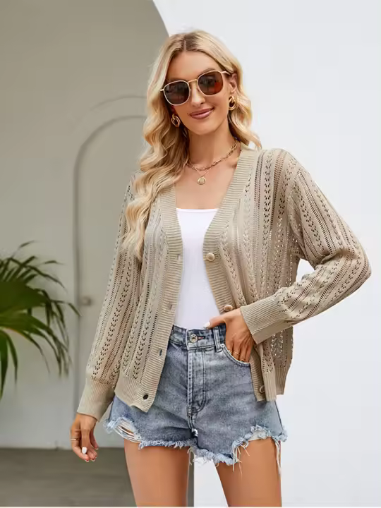 Cárdigans ahuecados para mujer, prendas de punto con parte delantera abierta, suéter con botones, cárdigan de punto con cuello en V, abrigo de moda, nuevo - 1