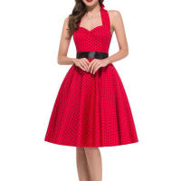 Vintage Women Summer Polka Dot Print Halter Party Dresses - details 74