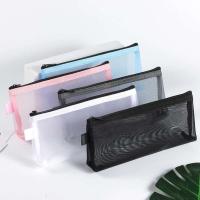 Gris negro maquillaje malla grande transparente bolsas para brochas cosméticas estudiantes Color sólido cremallera estuche de lápices de nailon - details 1