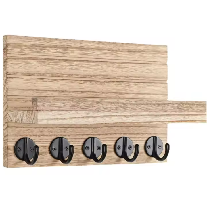 Estante de madera de estilo nórdico para llaves, estante de almacenamiento creativo montado en la pared, colgante con ganchos, colgador de ropa para entrada - 1