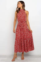 Vestido largo de mujer europea y americana 2025, nuevo vestido con cordones, estampado de lunares y cuello. - details 9