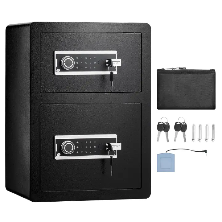 SucceBuy Caja de seguridad de doble puerta, negra, con cerradura con llave y protección con contraseña, luz LED, llavero, bolsa ignífuga - 1