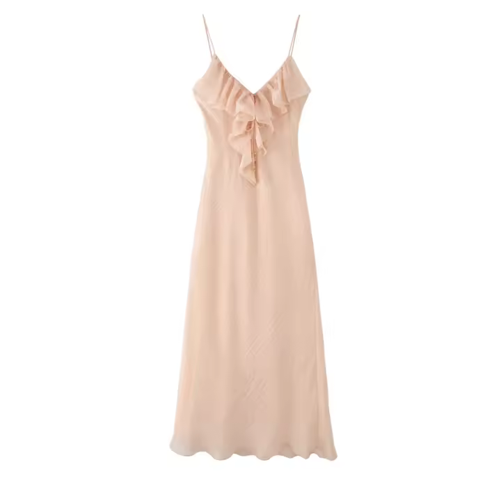 PB & ZA 2025 decoración en capas temperamento simple vestido con tirantes estilo de vacaciones falda larga de nicho novedad de verano ropa de mujer - 1