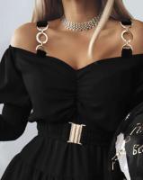 Vestido Mini de Moda de Hombros Fríos para Mujeres 2024 Manga Larga Casual con Cinturón Recortado y Voluminoso - details 3
