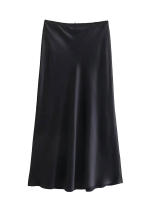 Falda Larga De Cintura Alta Para Mujer Mooyufon Textura De Satén Decoración De Lazo Vintage Chic Estilo Casual Polyester - details 3