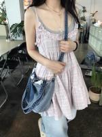 Retro coreano Sle Sweet Girl lindo Puffy Plaid encaje Halter pastel vestido de mujer chaleco Top algodón 00% primavera 2025 - details 1