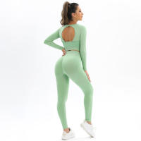 Conjunto de Yoga sin costuras para mujer, ropa deportiva de entrenamiento para gimnasio, Top corto de manga larga, Leggings de cintura alta, trajes deportivos de 2 piezas - details 21
