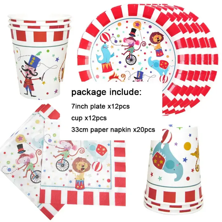 Juego de Vajilla Desechable de Papel para Fiesta de Circo Suministros de Fiesta de Cumpleaños para Niños Para 12 Personas, 44 Unidades/Set - 1
