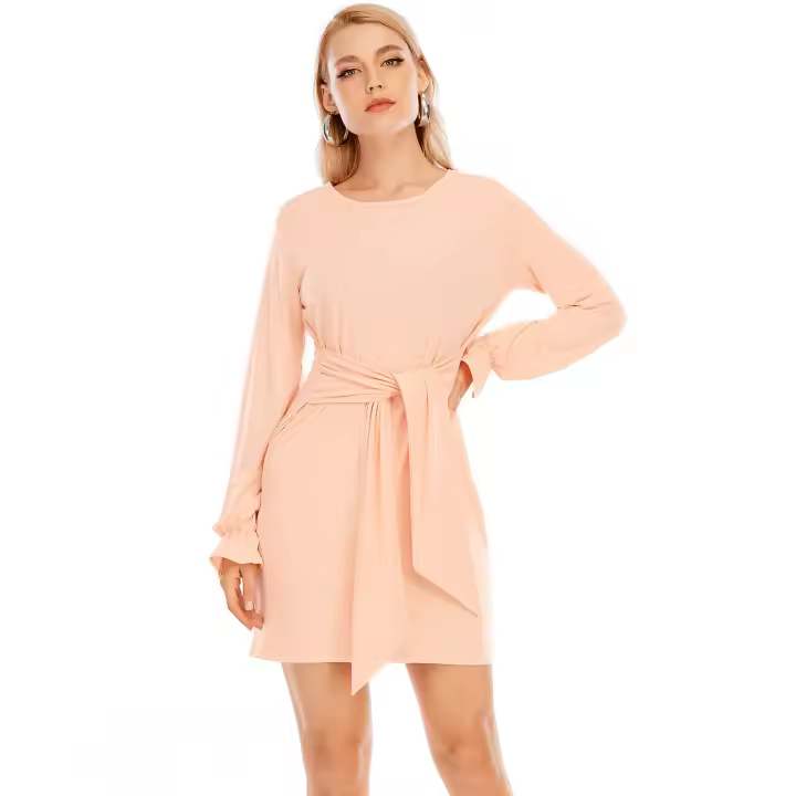 2025 primavera nuevo vestido casual de correa de manga larga de color sólido grande para mujer - 1