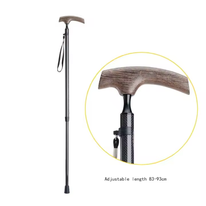 Bastón de fibra de carbono con mango de madera de Wenge, resistente, longitud ajustable, Base de goma para ancianos - 1