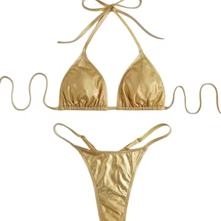 Conjunto de Halter de Brillo Dorado Metálico Traje de Baño de Dos Piezas Sexy con Tanga y Top - 1