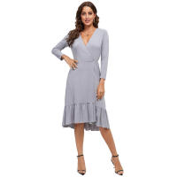 Vestido ajustado de manga larga con cuello en V y ribete de volantes, de color sólido y talla grande, para el trabajo, primavera 2025. - details 11