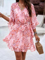 Vestido de primavera y verano para mujer, Media manga, estampado de flores, elegante cuello en V, informal, línea A, hasta la rodilla, cintura alta - details 4