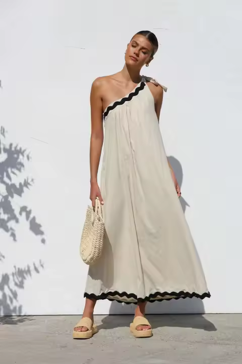 Novedad informal lisa para mujer para el verano de 2025, vestido largo francés, hombros inclinados y encaje, estilo festivo, temperamento - 1