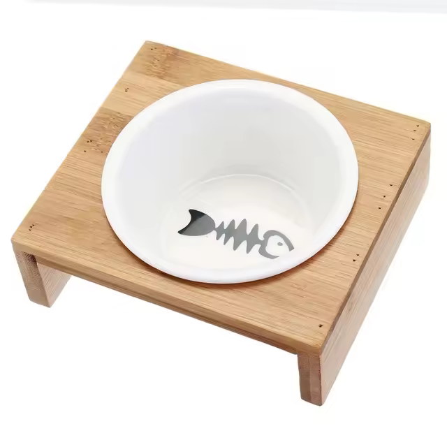 Comederos para gatos y perros, cuenco de agua y comida para mascotas, vajilla de cerámica con marco de bambú, suministros antideslizantes para mascotas, cuenco de alimentación para perros y gatos, 1/2 - 1