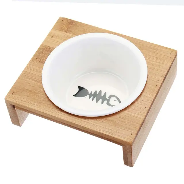 Comederos para gatos y perros, cuenco de agua y comida para mascotas, vajilla de cerámica con marco de bambú, suministros antideslizantes para mascotas, cuenco de alimentación para perros y gatos, 1/2 - 1