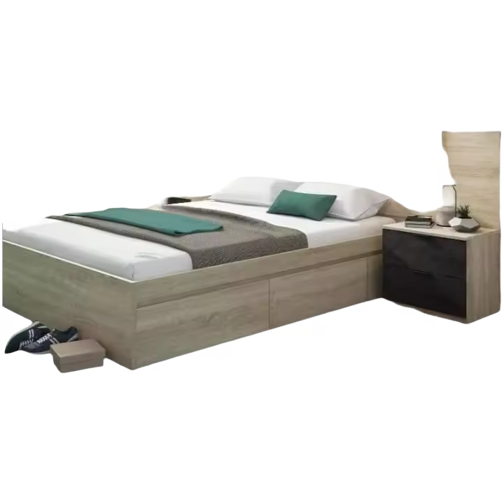 Pack de Dormitorio con Armario en Color Roble Canadiense y óxido en Estilo Industrial (Cama + cabecero con mesitas + Cómoda) - 1