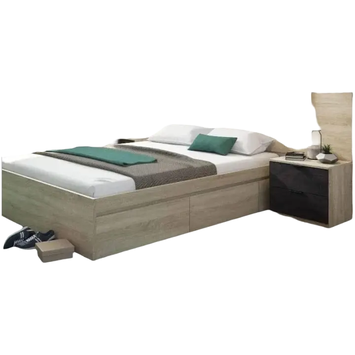Pack de Dormitorio con Armario en Color Roble Canadiense y óxido en Estilo Industrial (Cama + cabecero con mesitas + Cómoda) - 1