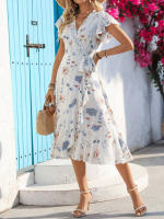Vestido estampado con cuello en v de verano 2025, nueva falda de manga corta con borde de volantes europea y americana - details 5