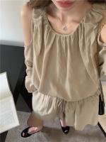 Blusa de verano a cuadros extragrande 2024 para niñas, traje de mujer, camisa de manga larga, pantalones de pierna ancha de cintura alta, trajes de dos piezas con pantalones cortos - details 22