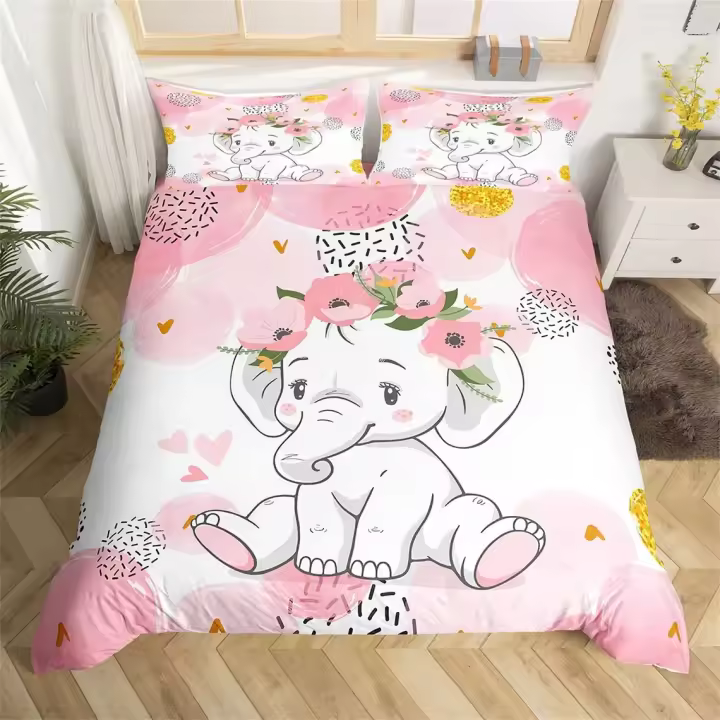 Juego de Ropa de Cama con Elefante y Flores para Bebé Animal de Dibujos Animados Lindo Cubierta de Edredón de Giraffe para Niñas y Niños - 1