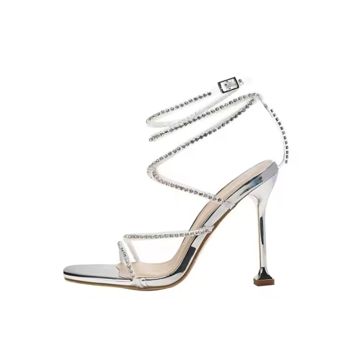 Sandalias de tacón alto con diamantes de imitación de cabeza cuadrada verano nuevo stiletto cristal de punta abierta sexy palabra correa zapatos romanos mujeres - 1
