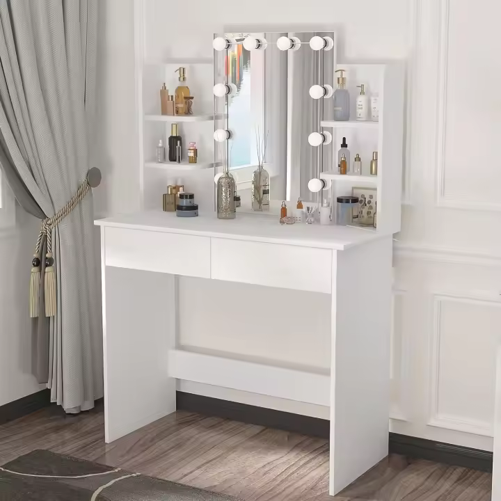 Maquillaje con Espejo y 10 Bombillas LED Luz Regulable, Mesa de Tocador con 2 Cajones Grandes y 4 Estantes, 90x40x135cm, Mesa de Maquillaje Moderno para Dormitorio, Blanco, MB6096ws - 1