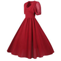 V neck women summer solid lantern short sleeve chiffon elegant vintage long party dress - details 3