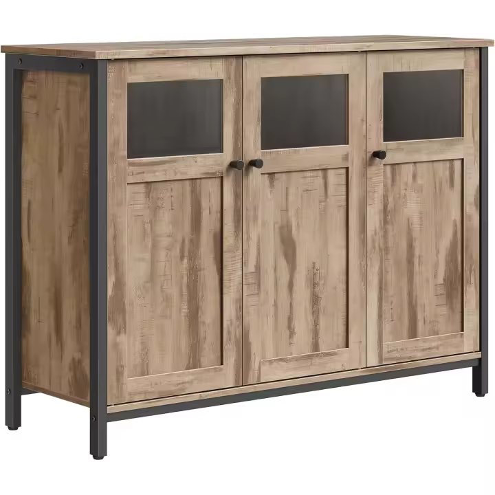 Aramrio de Almacenamiento, Aparador con Puertas de Cristal, para Comedor, Salón, Cocina, Estilo Industrial, Marrón Rústico y Negro - 1