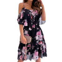 Vestido corto con volantes y tirantes finos para mujer, minivestido de manga corta con hombros descubiertos para playa - details 10