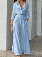 Women casual 2 pieces set elegant turn down collar long sleeve shirt and wide leg pants - details 1