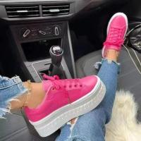 Plataforma de cuero para mujer, zapatillas de deporte de tacón grueso de color sólido, zapatos deportivos cómodos de moda planos casuales, zapatos de diseñador - details 2