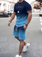 Hombres de dos piezas de color degradado monograma traje casual cuello redondo camiseta de manga corta con pantalones cortos de moda y cómodo - details 1