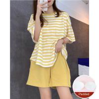 Conjunto De Pijamas Para Mujer Talla Grande Con Almohadilla Verano Estilo Coreano Moda Holgada Y Casual Verde Estampado Rayado Homewear - details 12