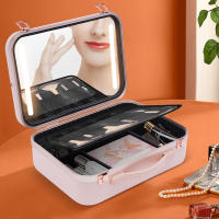 Estuche de almacenamiento de cosméticos, organizador de maquillaje, maletas de mesa, rosa con luces LED + espejo - details 0