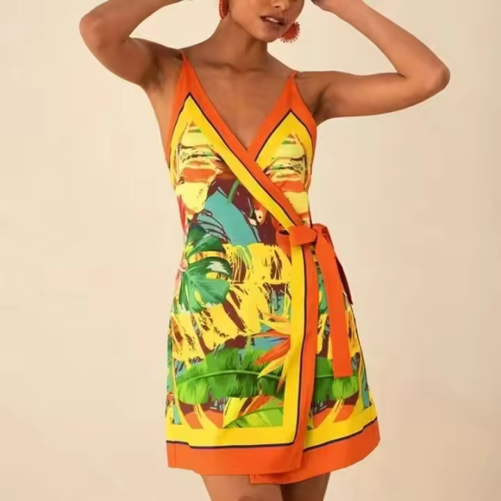 Camisola sin mangas con cuello en V para mujer, estampado retro, pantalones cortos, hombros descubiertos, a la moda - 1