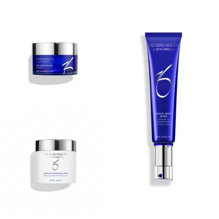 ZO SKIN Exfoliante Polaco 65g + Almohadillas Renovadoras de Tezón 60 Almohadillas + Radical Night Repair 60ml Set de tres piezas - 1