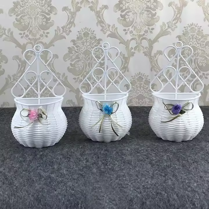Cesta de flores colgante para fiesta de jardín, jarrón artesanal hecho a mano, organizador de artículos diversos, macetas de ratán Artificial para pared, decoración del hogar - 1