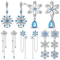 Pendientes de plata con borlas de copos de nieve azules y diamantes, lazo rojo para mujer, joyería creativa, regalos temáticos navideños - details 0