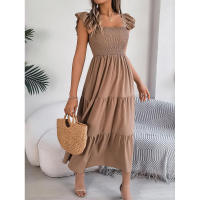 Elegante vestido largo de verano para mujer en color liso con escote cuadrado y aros decorativos, sin mangas, corte ajustado. - details 26