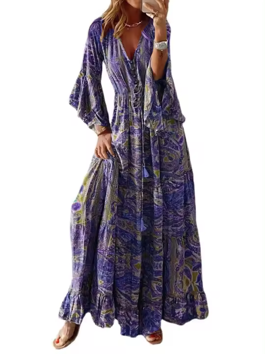Manga de camping con estampado bohemio, cuello en V, cintura alta, floral - 1