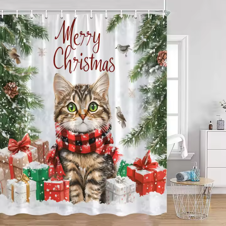 Cortinas de ducha de muñeco de nieve de Navidad rosa, bosque de invierno, obra de arte con acuarela, decoración de cortina de baño para el hogar de Año Nuevo de Navidad con ganchos - 1