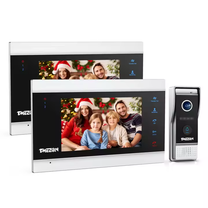 TMEZON Videoportero Timbre Video Sistema Intercomunicador, Monitor 1080P 7 zoll y Timbre con Cable para 1 Familia, tecnología de 4 Cables,Botón táctil, visión Nocturna, instantánea/grabación - 1
