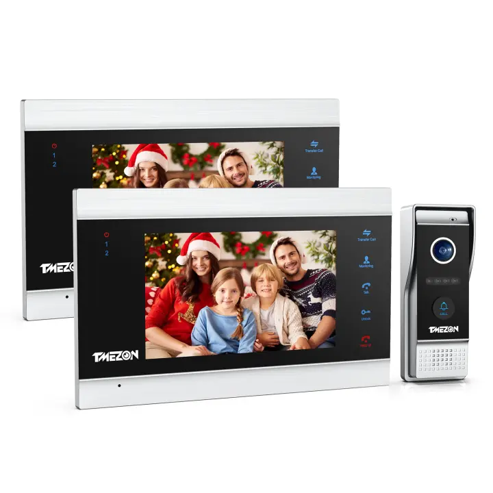 TMEZON Videoportero Timbre Video Sistema Intercomunicador, Monitor 1080P 7 zoll y Timbre con Cable para 1 Familia, tecnología de 4 Cables,Botón táctil, visión Nocturna, instantánea/grabación - 1