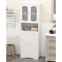 Armario Alto de Baño, 56 x 30 x 190 cm, Mueble de Almacenamiento con 4 Puertas y 2 Compartimentos Abiertos, con Kit Antivuelco, Organizador con 6 Estantes para Baño, Cocina (Roble Blanco) - details 2