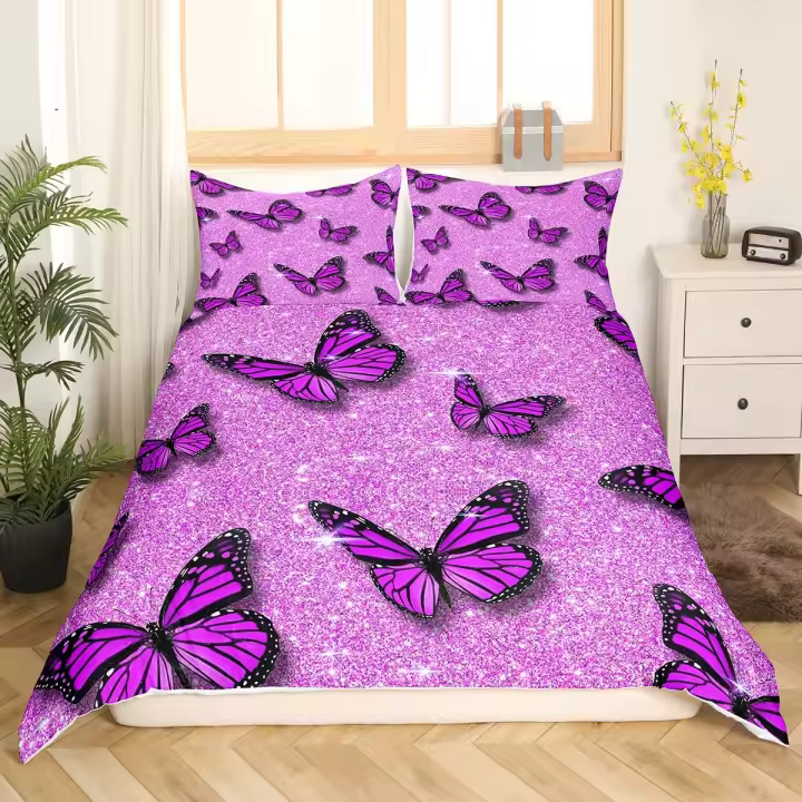 Juego de Ropa de Cama de Mariposa Púrpura Cubierta de Edredón de Polyester para Niñas - 1
